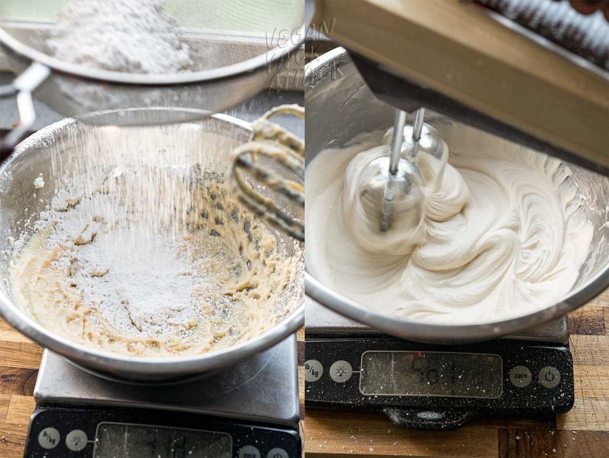 Collage di immagini su come preparare la glassa al formaggio cremoso con un mixer manuale.