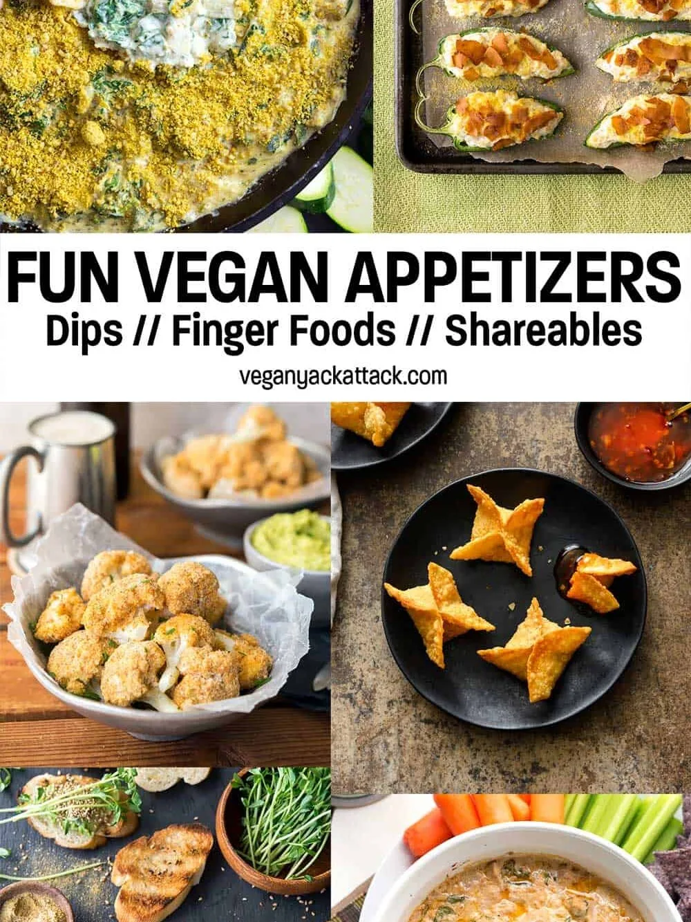 Image collage of assorted vegan appetizers with text overlay reading "fun vegan appetizers"