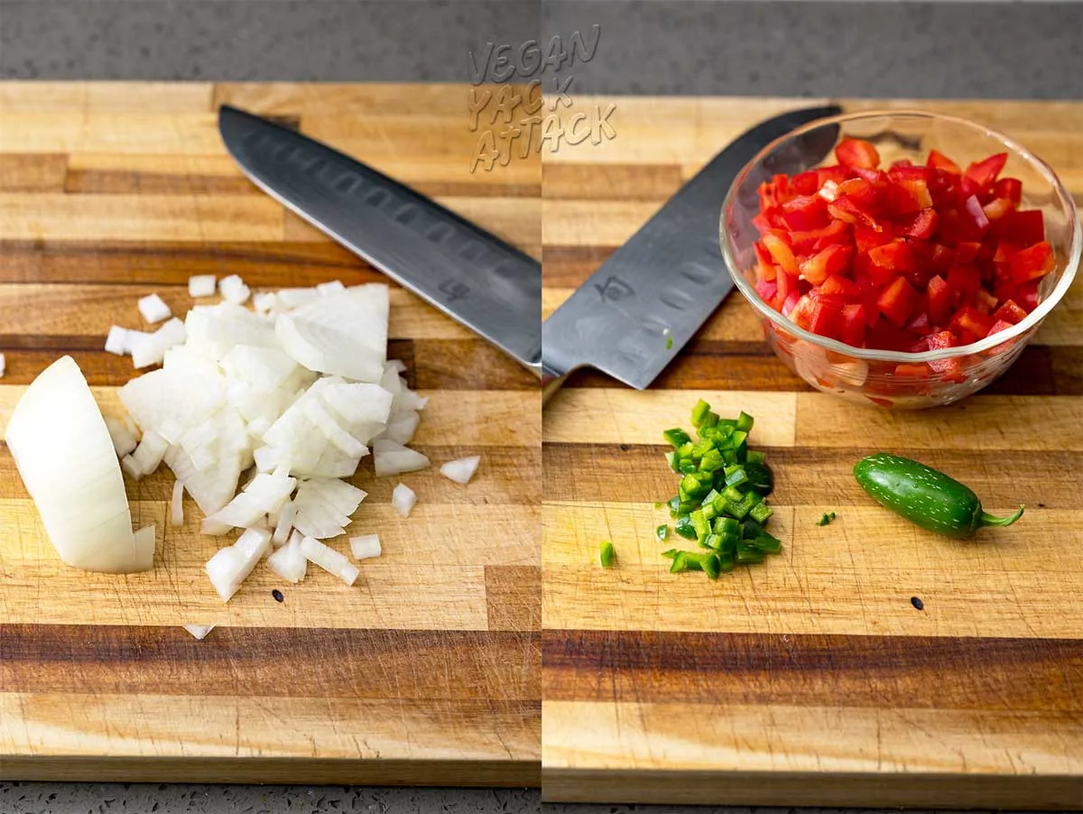 Collage di immagini di cipolla tritata, peperone e jalapeño