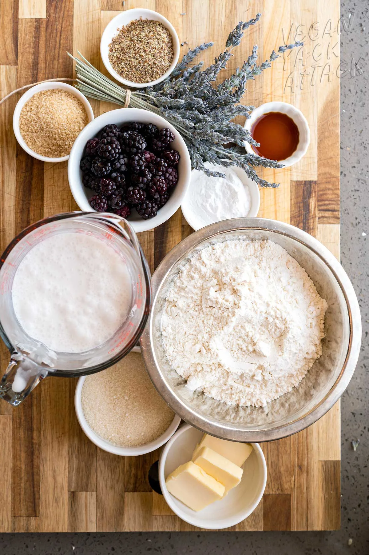 baking ingredients in bowls on a cutting board