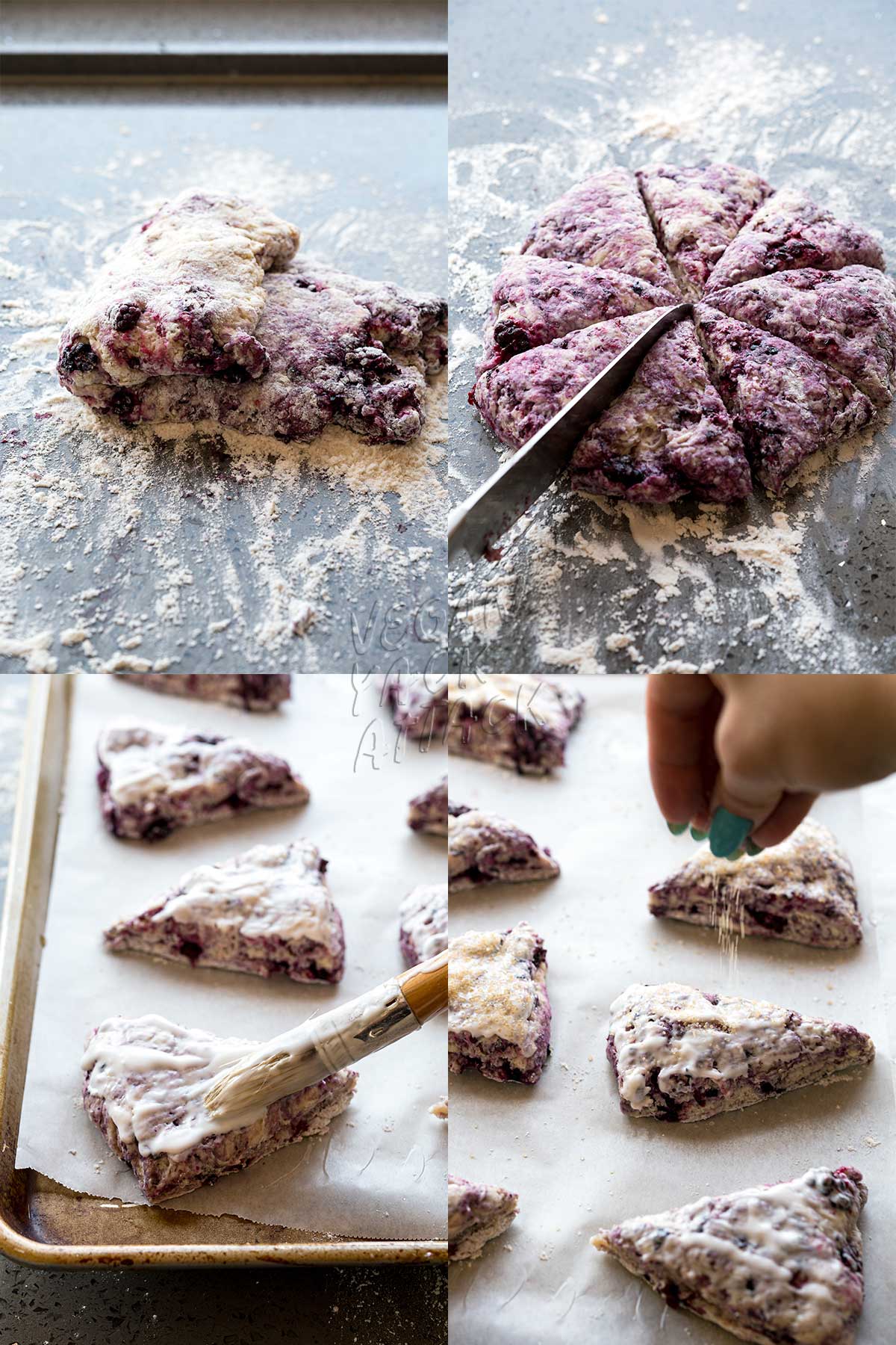 collage of shaping scones and topping them with sugar