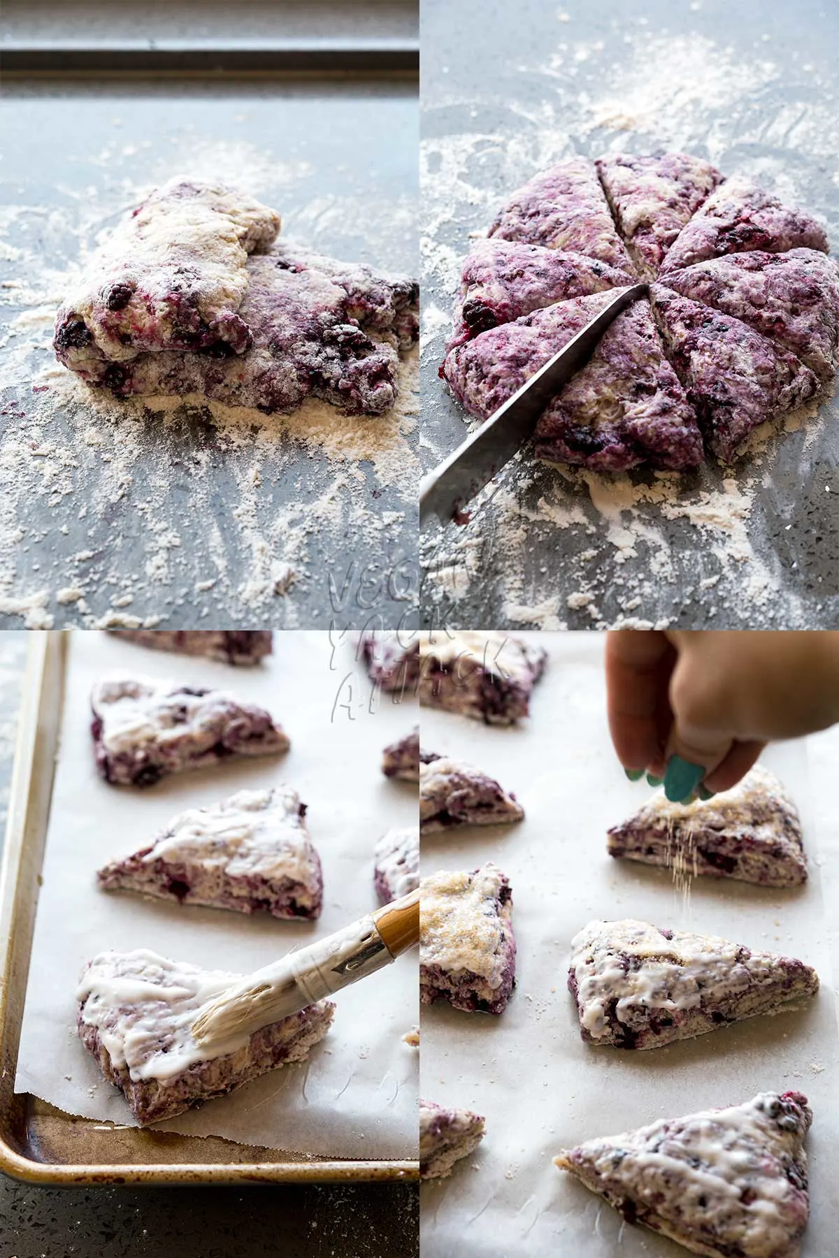 collage of shaping scones and topping them with sugar