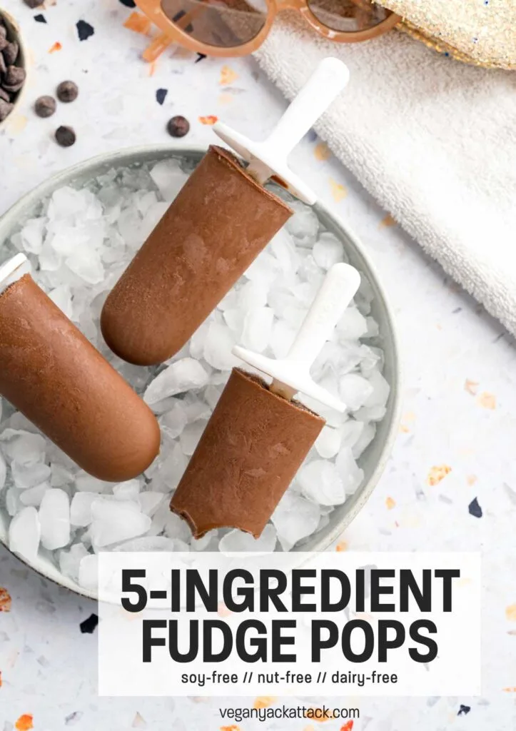 three chocolate popsicles on a plate of crushed ice, with text overlay "5-ingredient fudge pops"