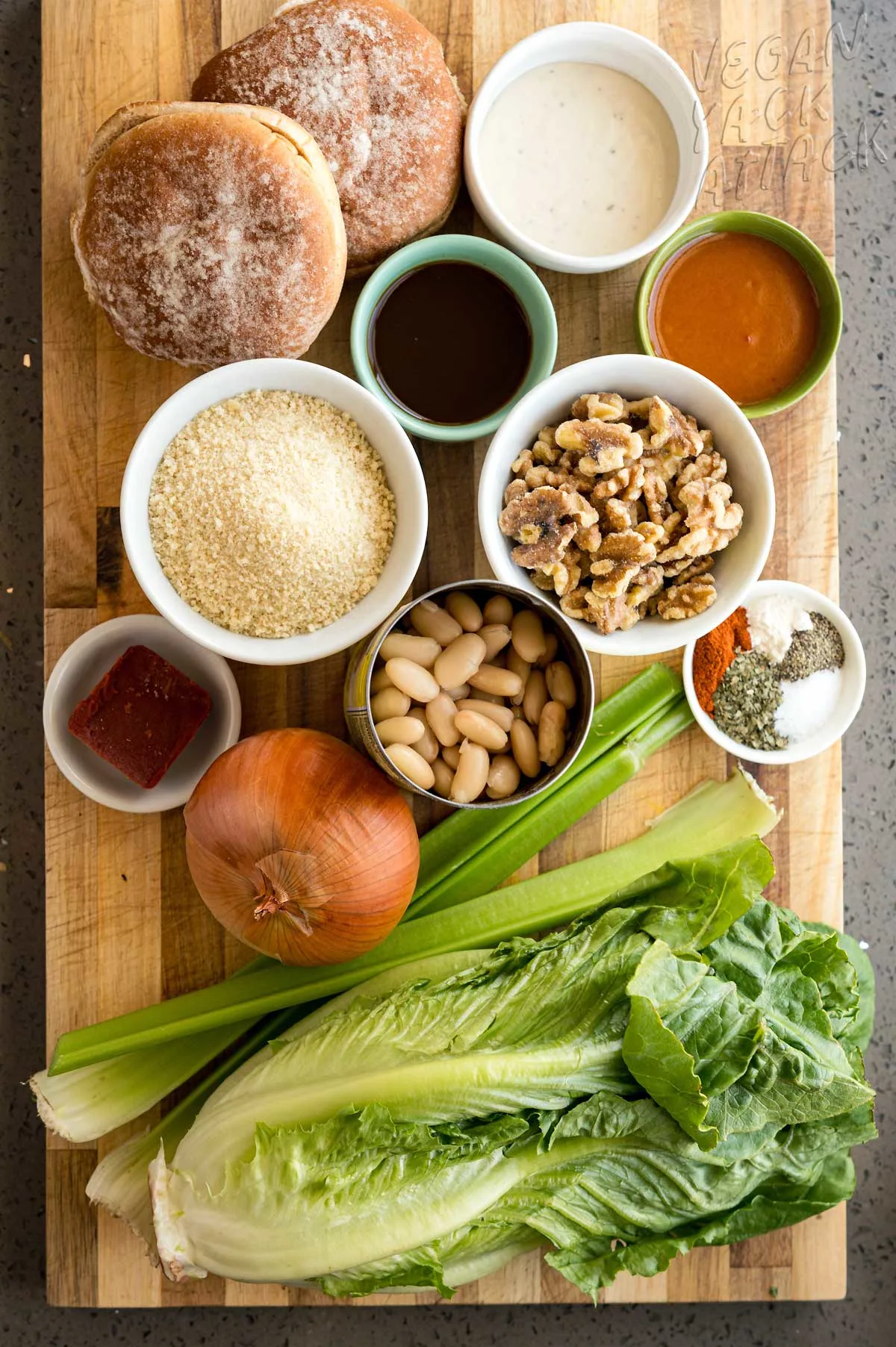 ingredients for buffalo white bean burgers on a cutting board