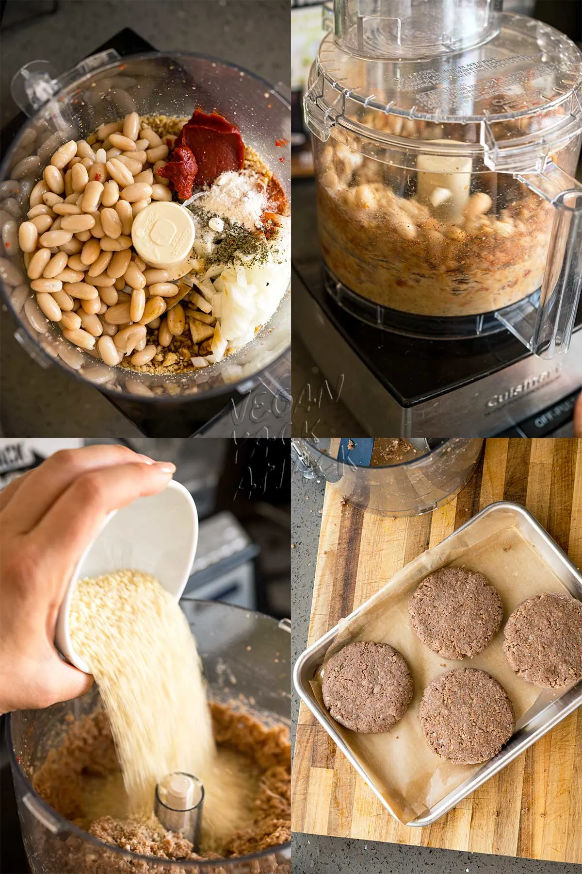 collage of processing burger mixture in a food processor and forming into patties