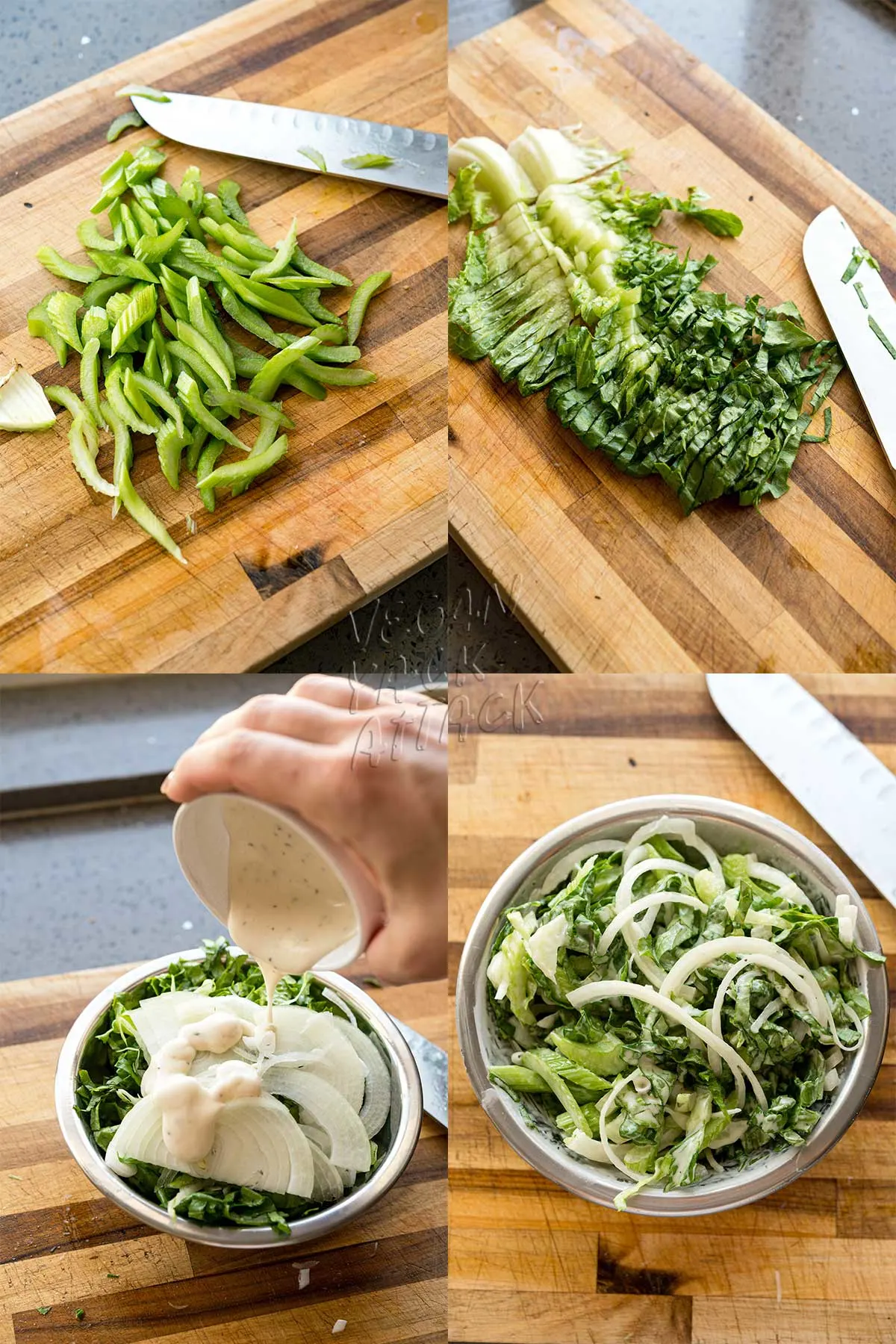 collage of prepped veg and making ranch slaw