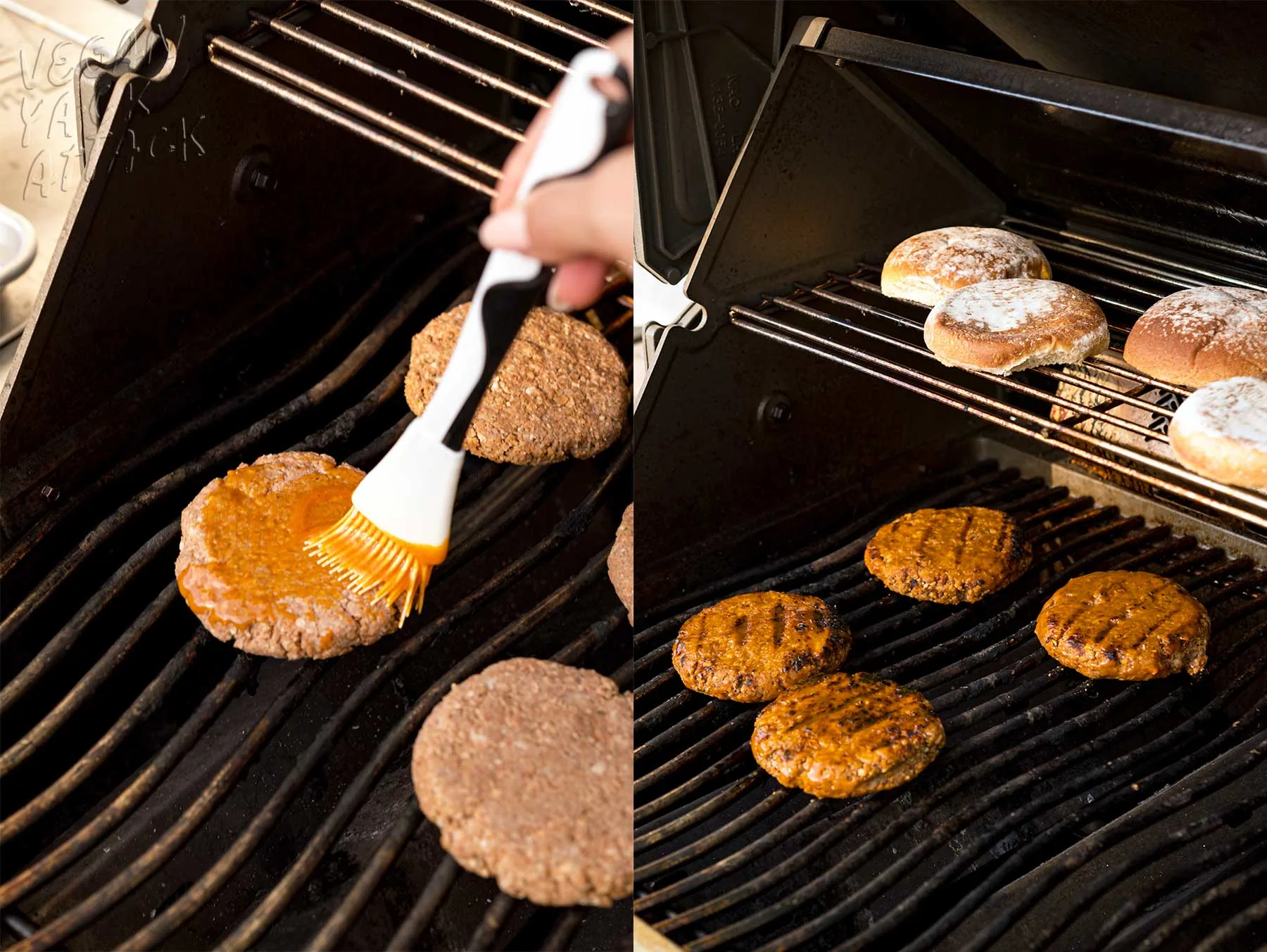 brushing buffalo sauce onto bean burger patties while on the grill