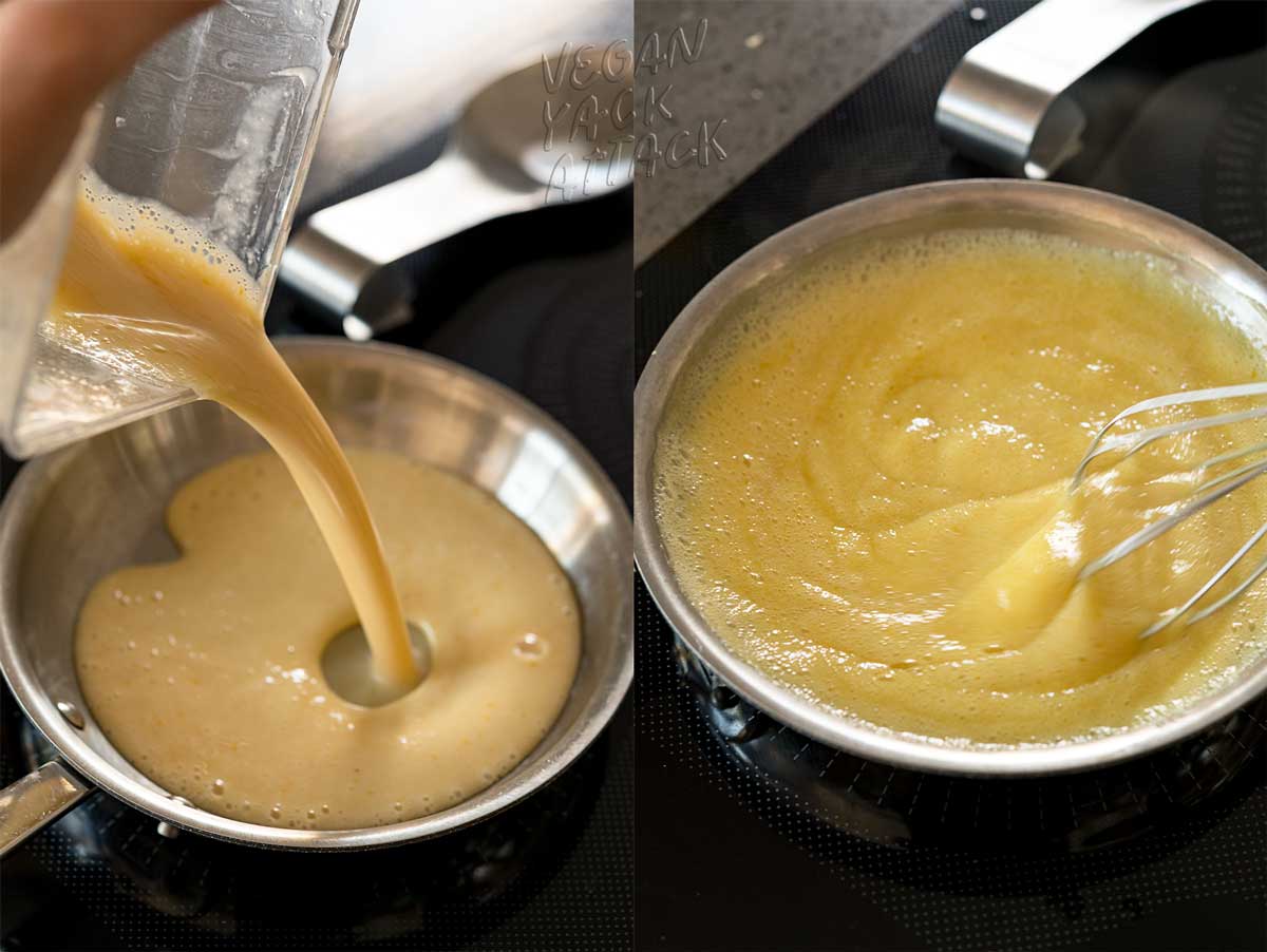 Collage of process to make vegan lemon curd in a saucepan