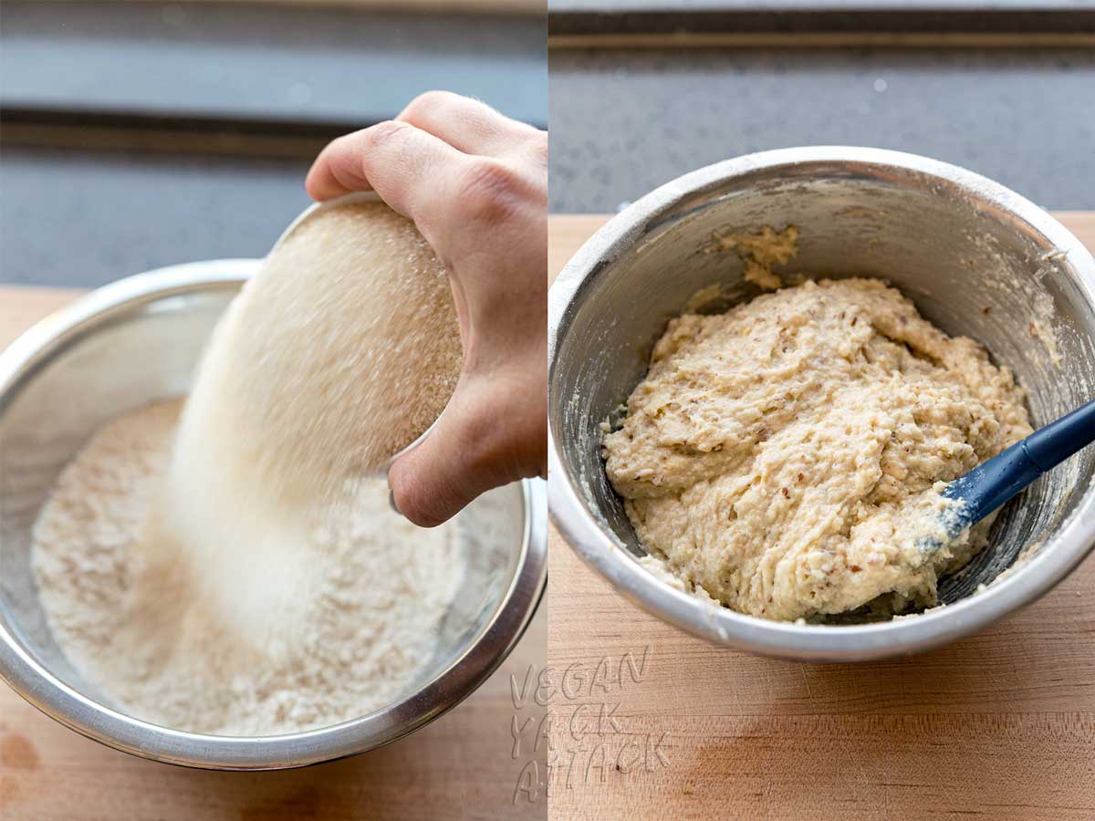 Hand adding sugar to a mixing bowl, and mixed batter