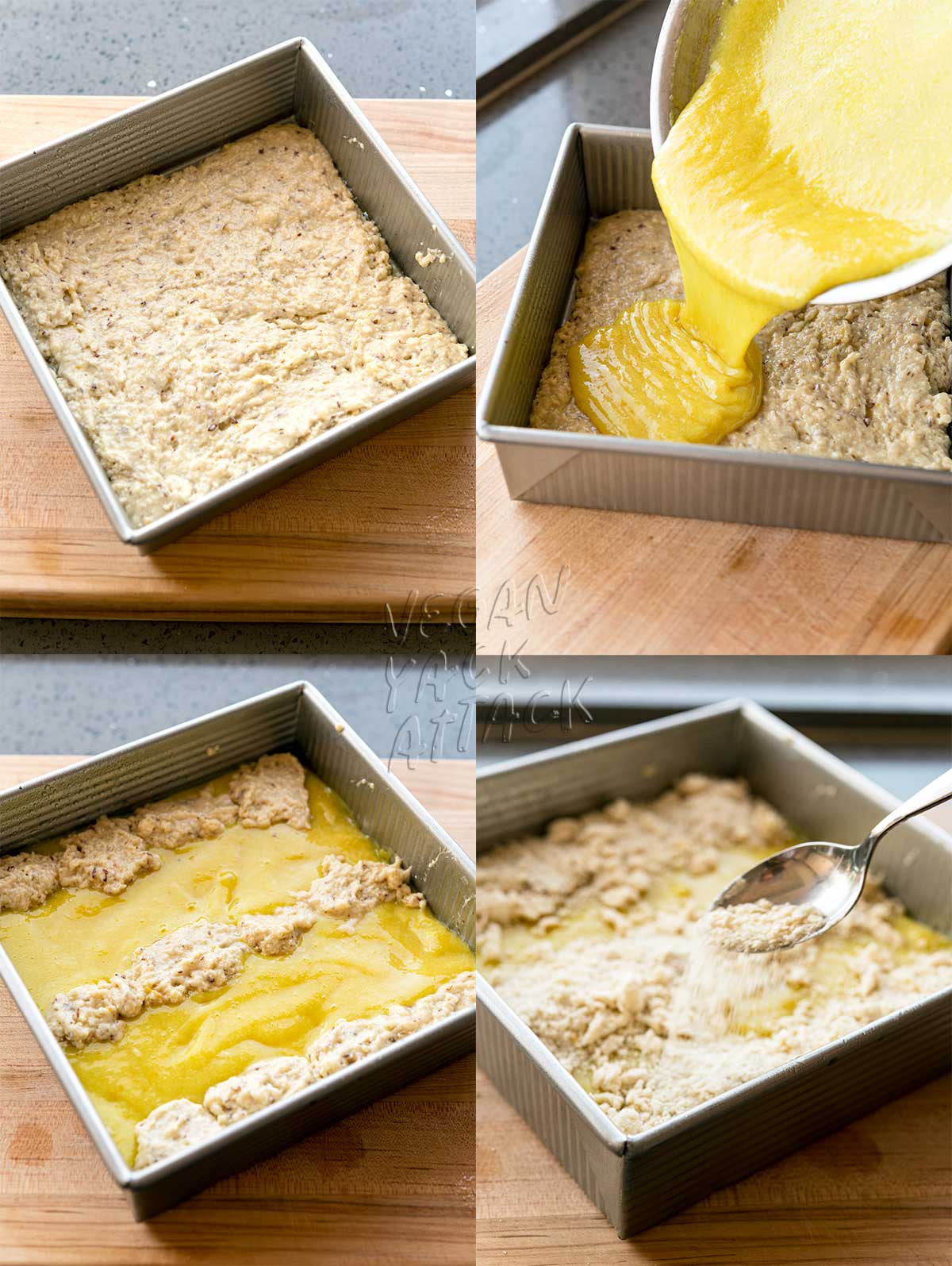 4-panel collage of steps to assemble vegan lemon curd coffee cake before baking