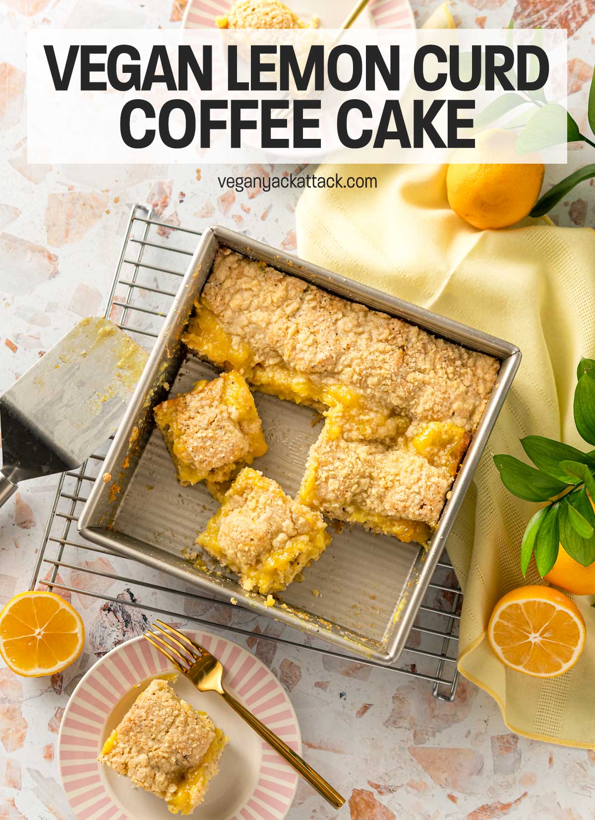 table spread of cut coffee cake in a baking pan with pink plates, lemons, yellow linen and text overlay