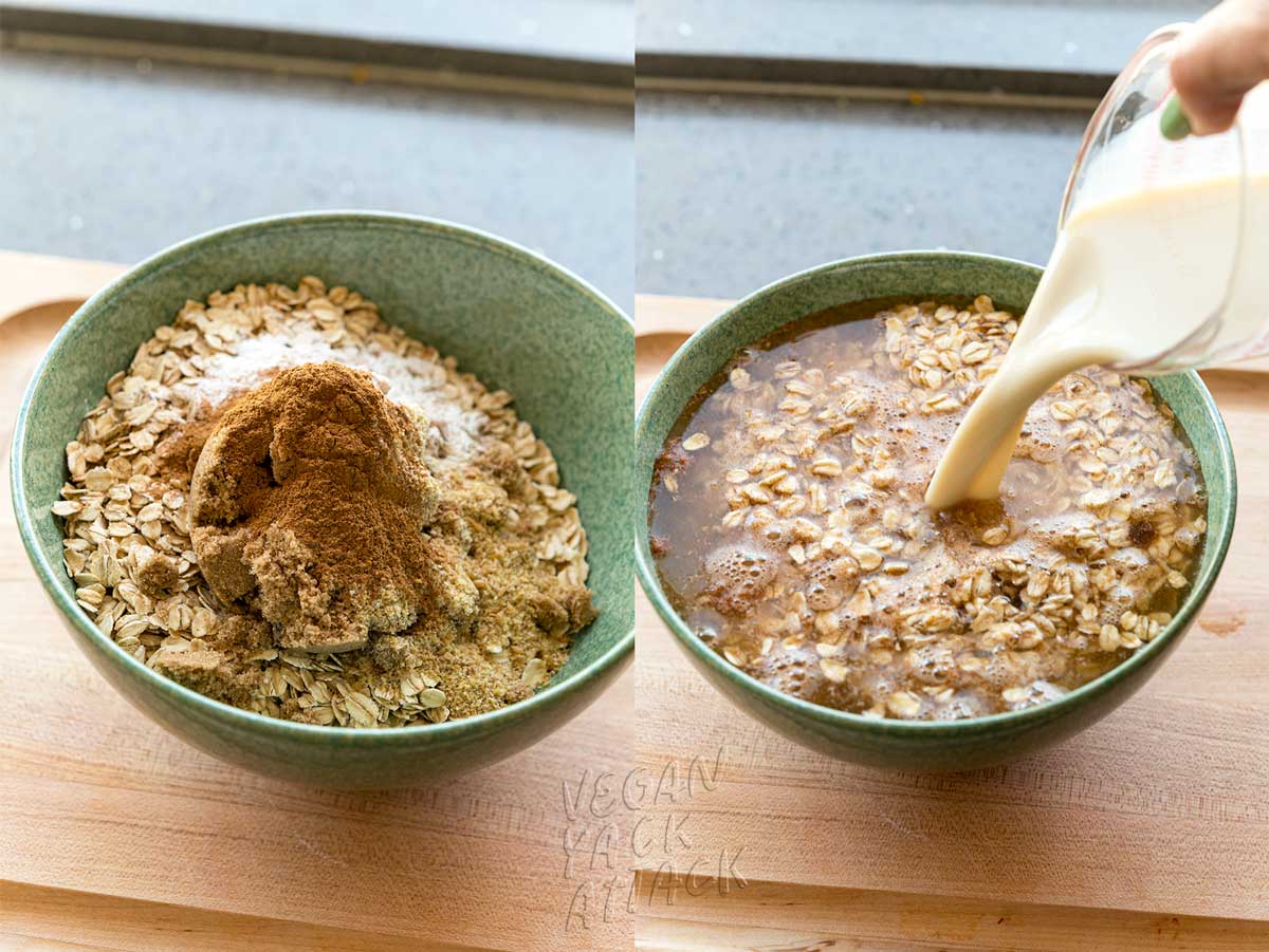 collage of mixing wet and dry ingredients in a green bowl