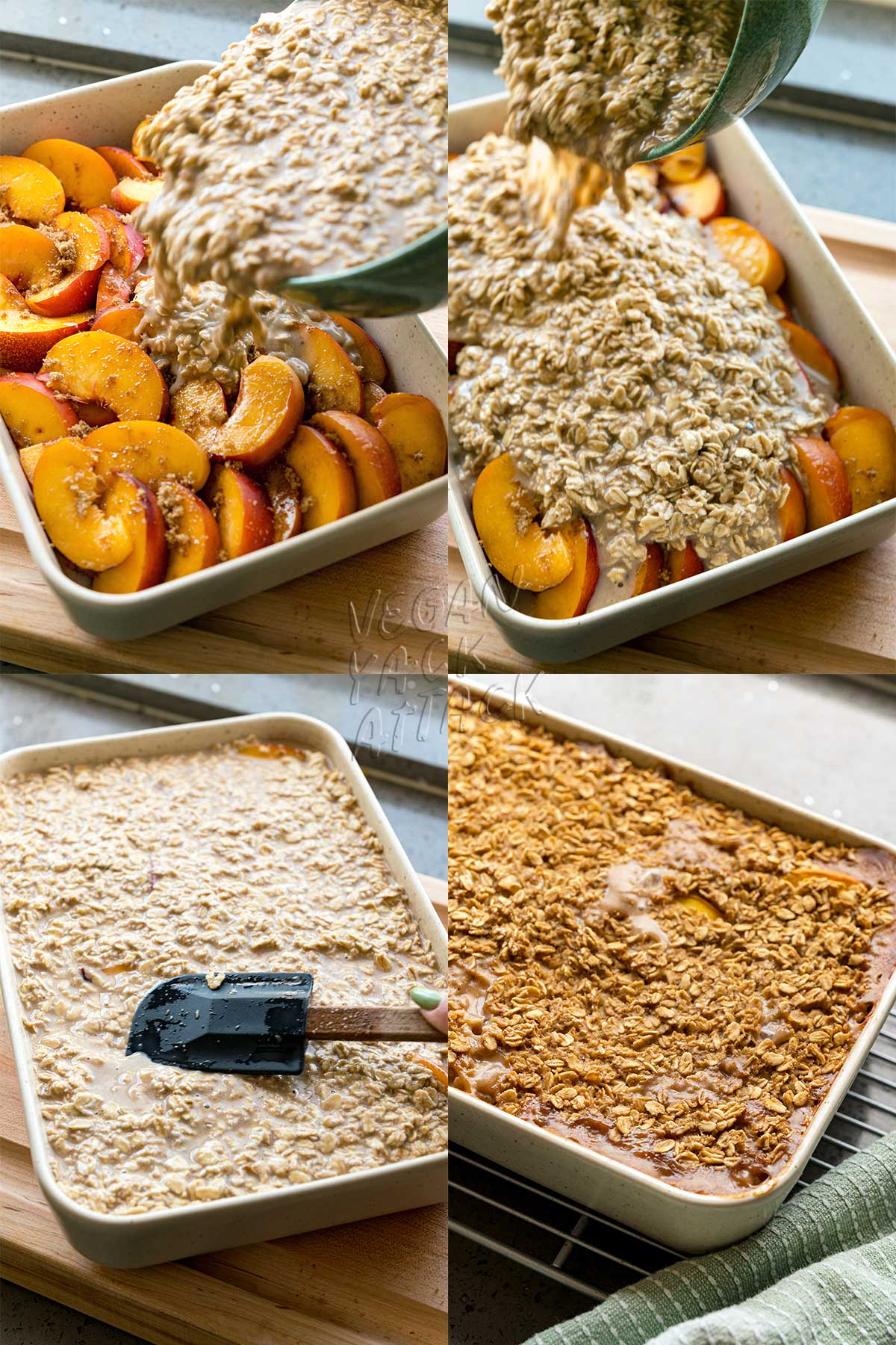 Collage of assembling peach cobbler baked oats